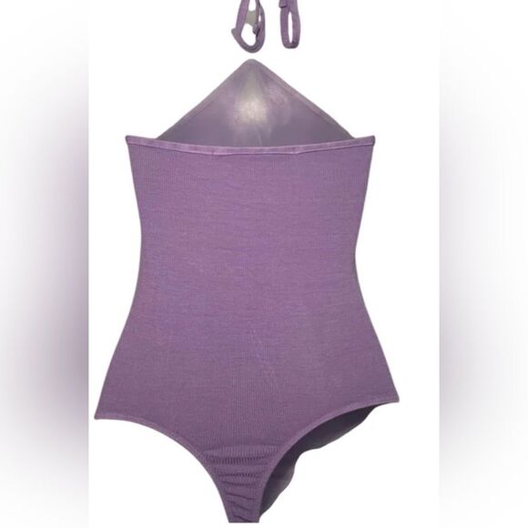 NWT Enza Costa Purple Ribbed Silk Blend Halter Keyhole Bodysuit Size S - MSRP $1 - Picture 7 of 10